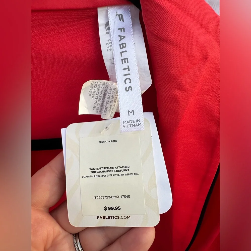 NWT-‎ Fabletics EcoSatin Robe - Red with black trim; size Medium